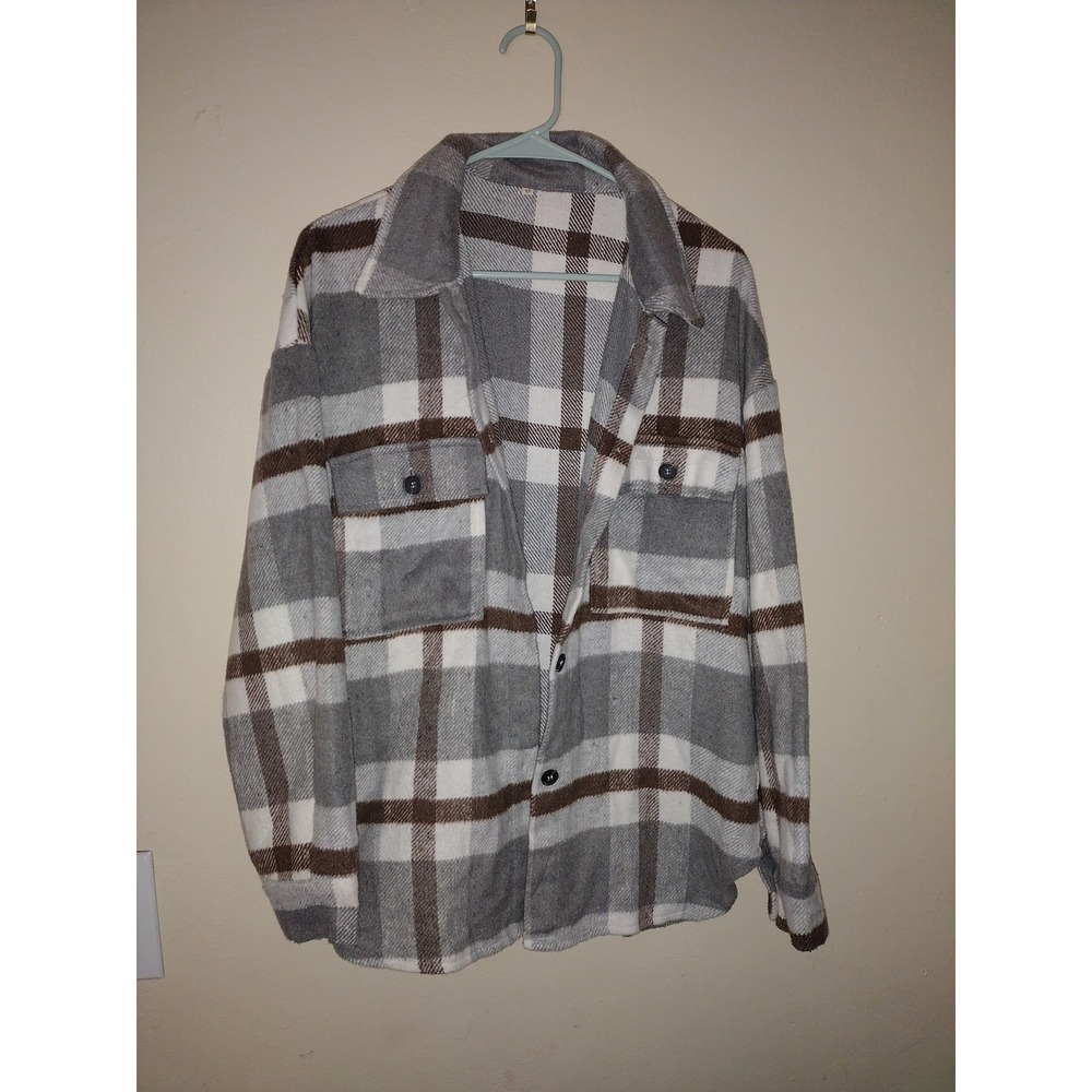Womens Plaid Shacket Oversized Button Down Shirt Jacket Grey Brown Medium